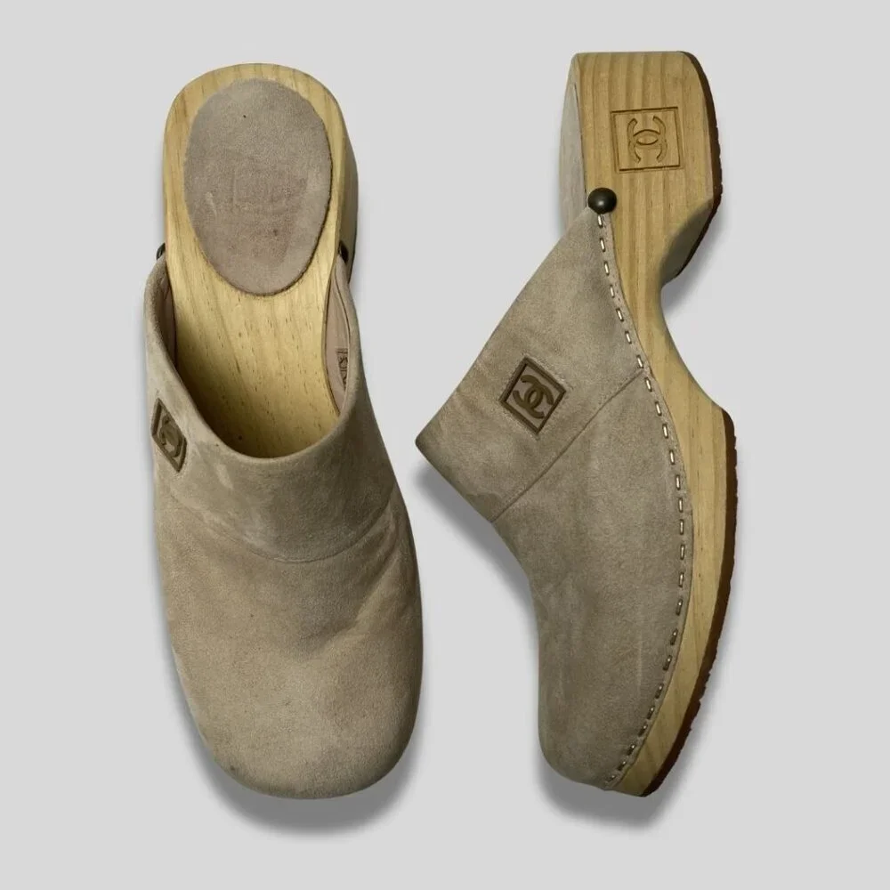 CHANEL Beige Suede Wooden Platform Clogs Size 37